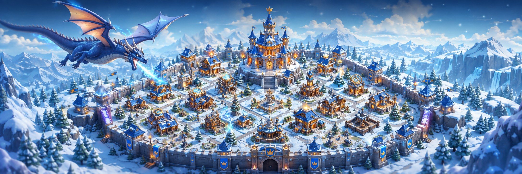 Crown Village — a fortified snow-covered castle defended against a dragon